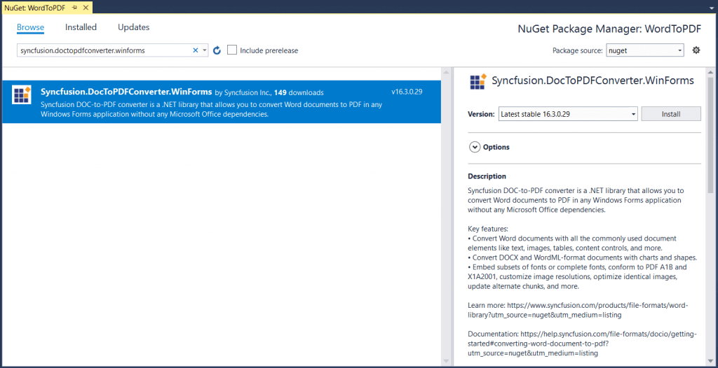 Add Syncfusion Word to PDF converter NuGet package reference to the project