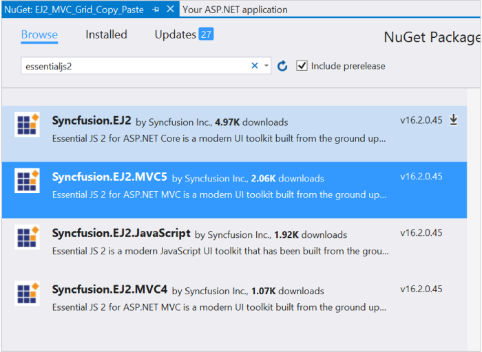 ASP.NET MVC DataGrid - Add Syncfusion Essential JS 2 nuget package