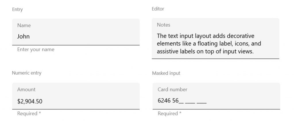 Syncfusion’s Xamarin.Forms Text Input Layout used to show floating labels.