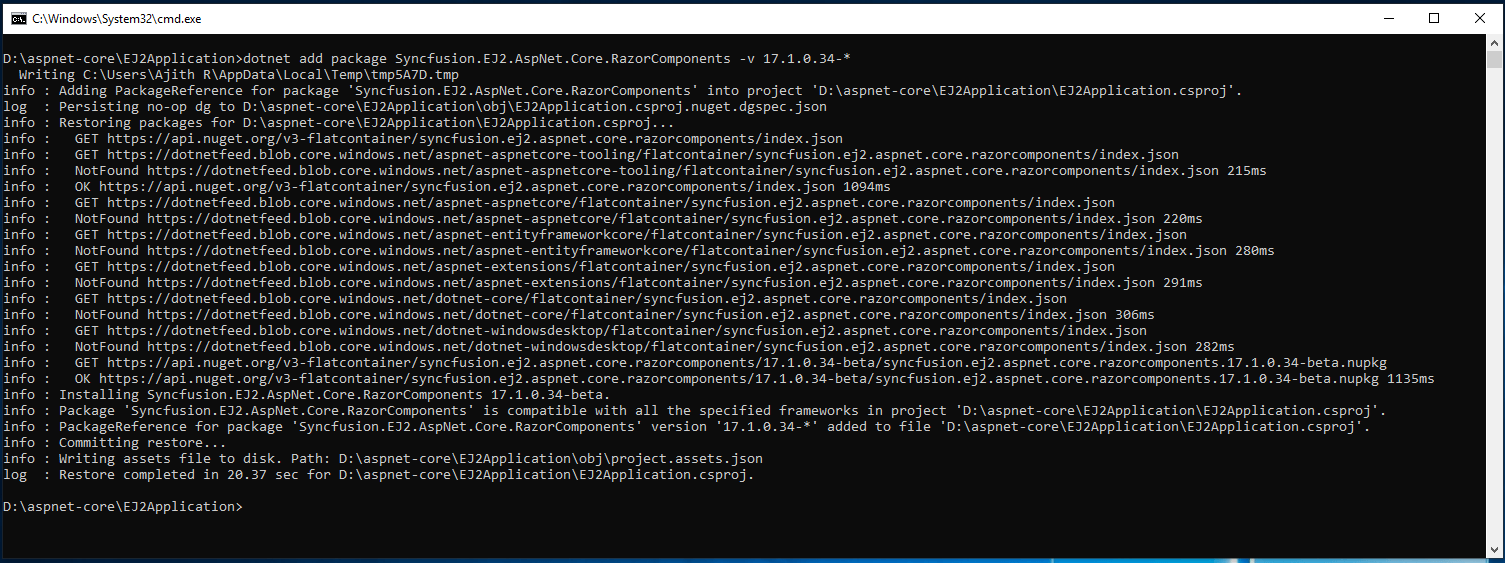 Installing Syncfusion ASP.NET Core Razor Components NuGet package