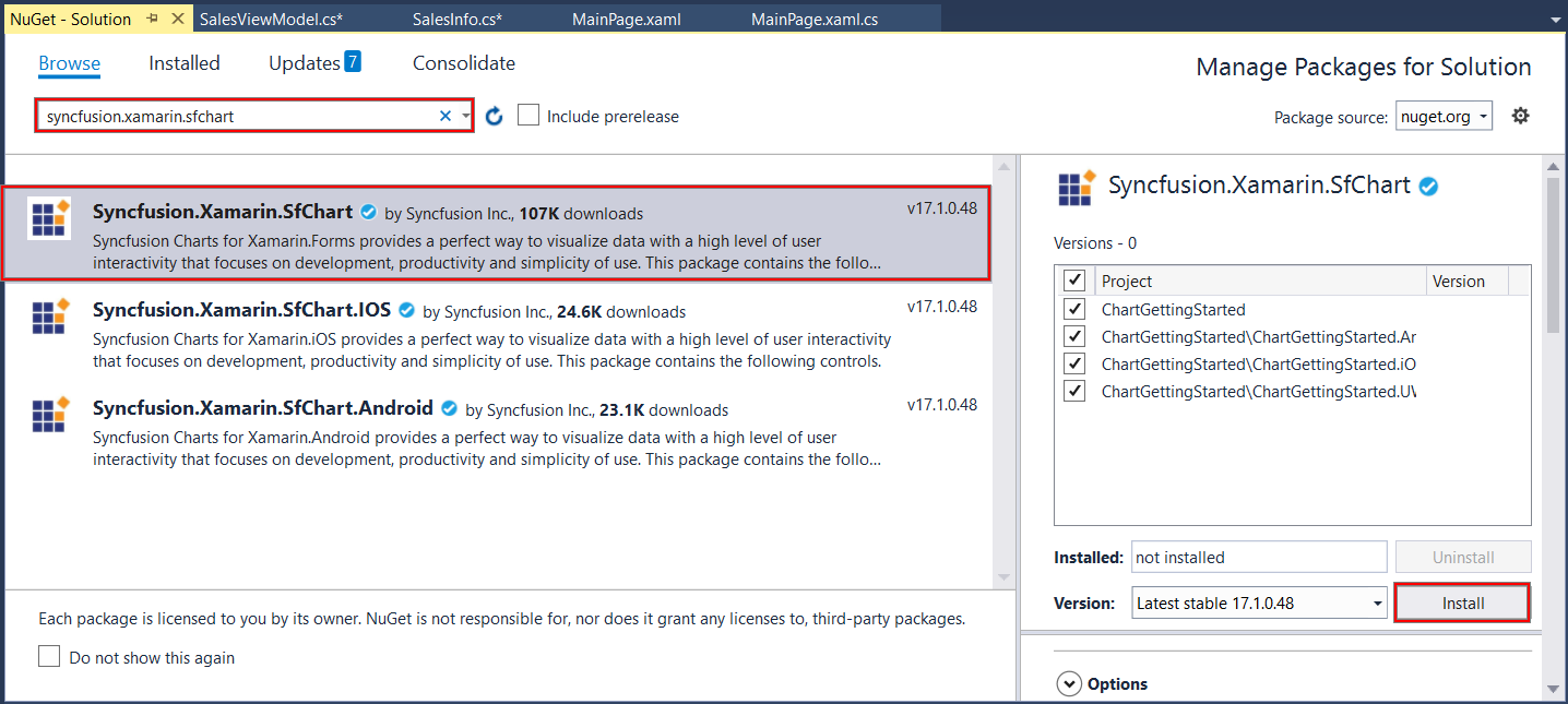 Syncfusion SfChart NuGet reference installation