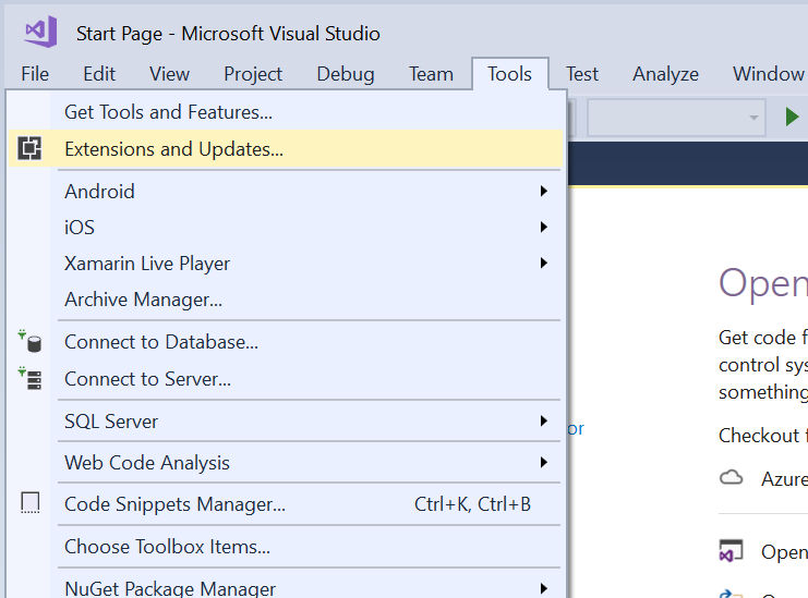 Extensions and updates in VS 2013 to 2017