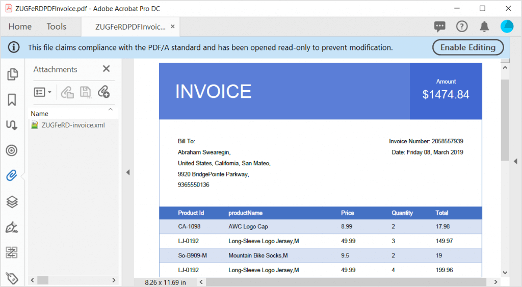 PDF ZUGFeRD invoice using C#