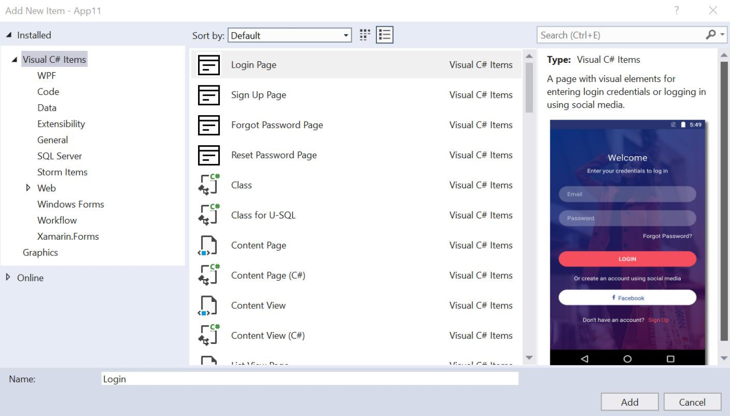 Visual Studio item template shows adding xamarin forms login screens.