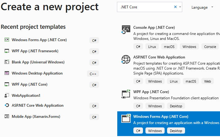 Creating a new Windows Forms App (.NET Core) project in Visual Studio 2019
