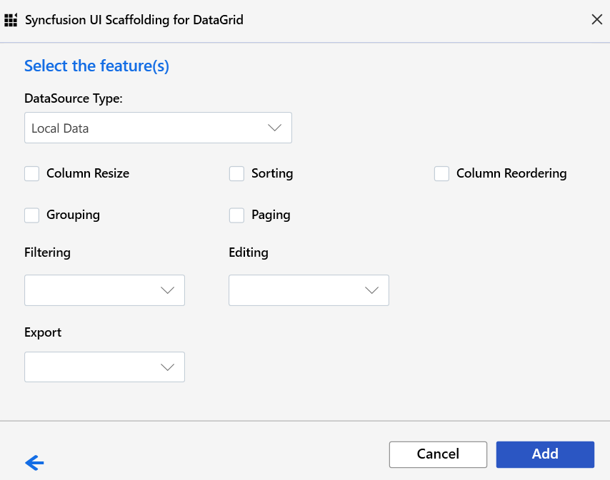 DataGrid feature selection dialog