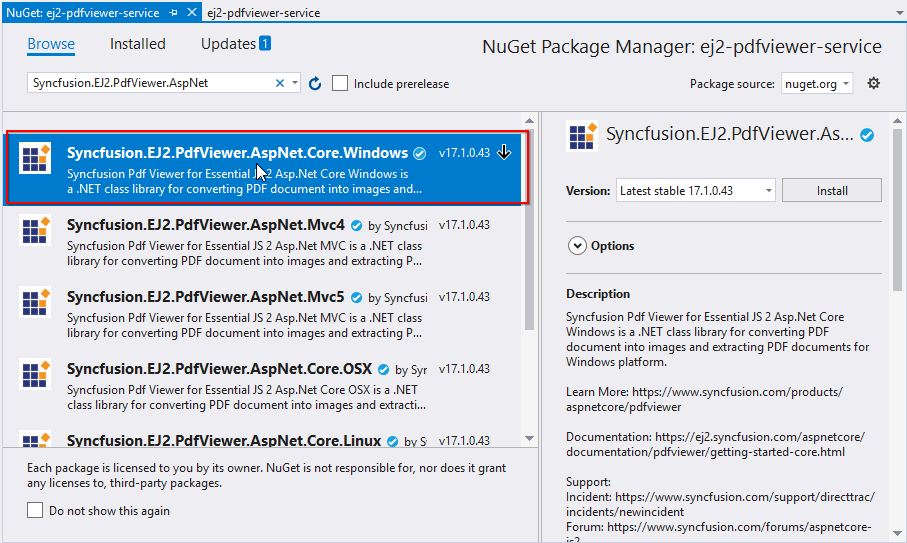 Install Syncfusion.EJ2.PdfViewer.AspNet.Core.Windows nuget package