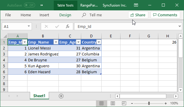 Excel file generated with RANGE parameter query